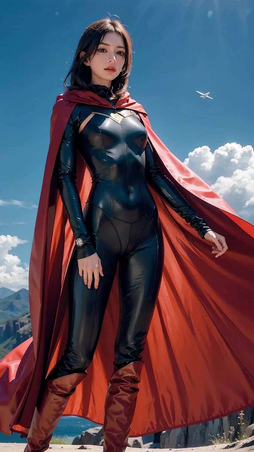 Anne Hathaway wearing detailed and glossy SuperMan costume with full ...