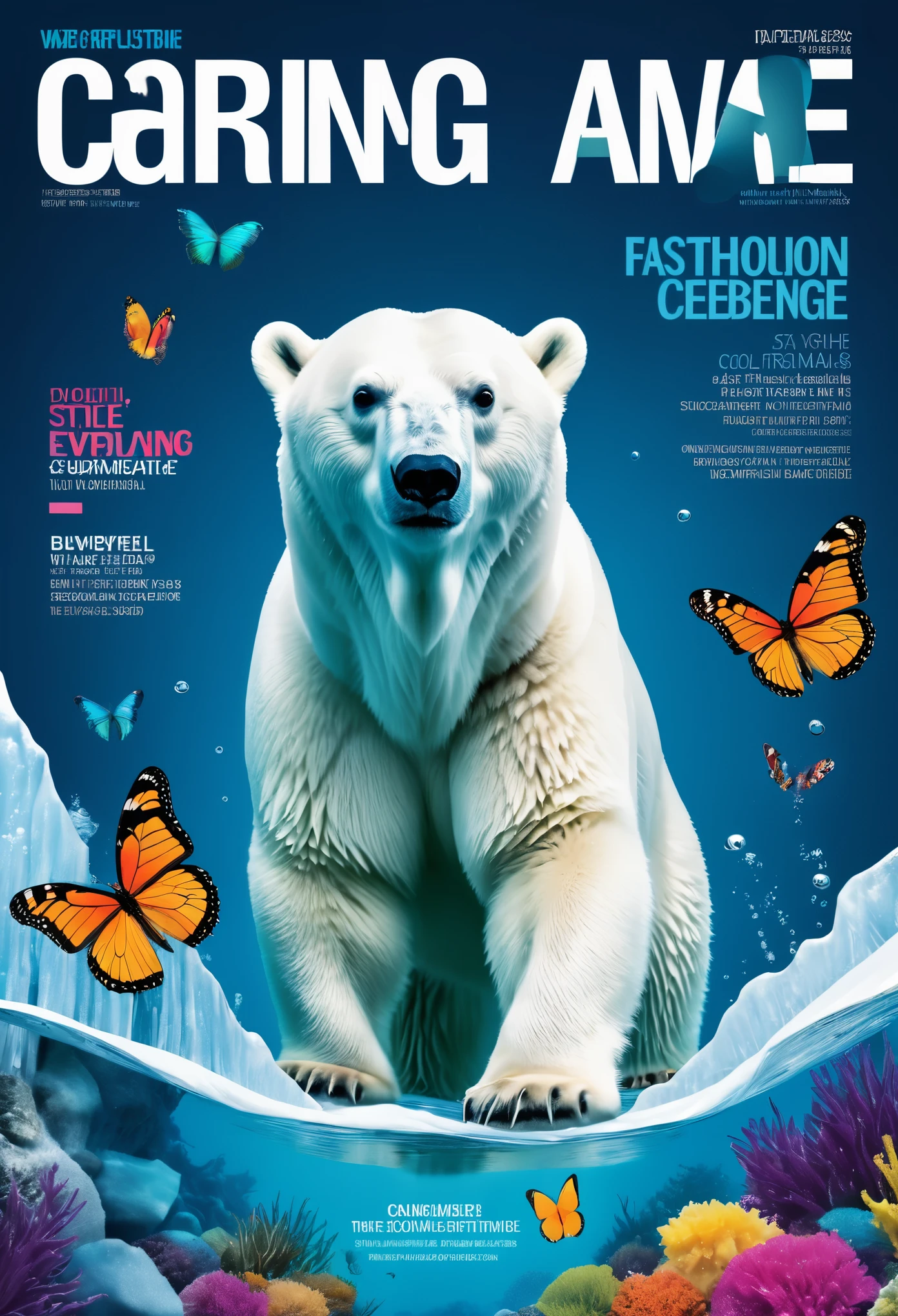 Fashion magazine cover design，Iceberg and polar bear，a colorful butterfly，text，barcode，Stylish and simple，The theme highlights caring for the environment