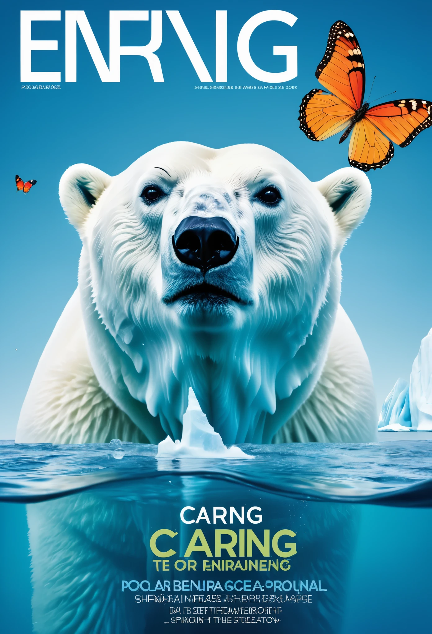 Fashion magazine cover design，Iceberg and polar bear，a colorful butterfly，text，barcode，Stylish and simple，The theme highlights caring for the environment
