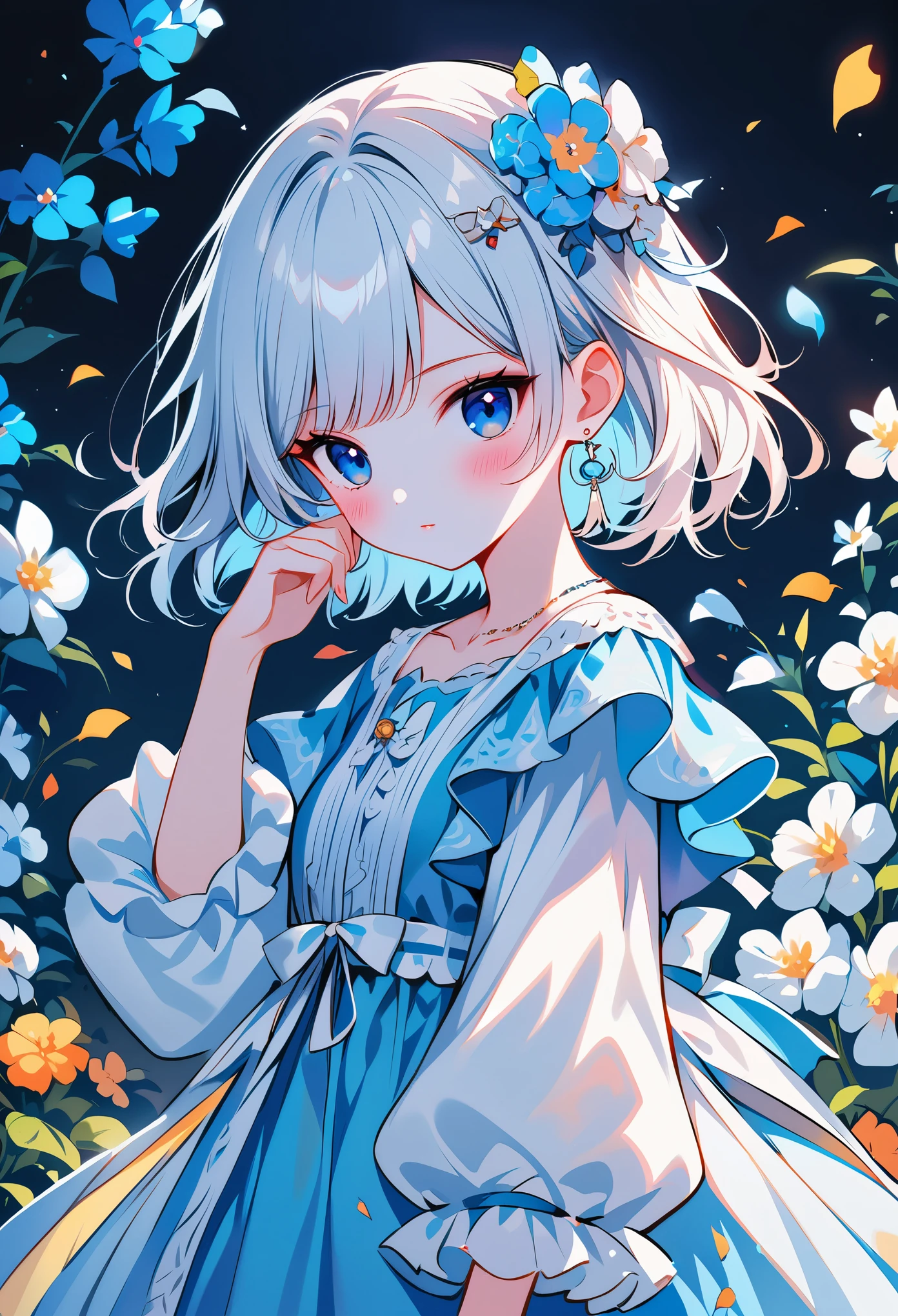 (masterpiece), (best quality), illustration, ultra detailed, hdr, Depth of field, (colorful),[[sheya]],hiten_(hitenkei),[Nachoneko], nai3 Style, 1girl, flower, solo, dress, hair ornament, blue eyes, jewelry, earrings, hair flower, looking at viewer, long sleeves, white hair, short hair, white flower, frills, blue flower, blue dress, closed mouth, frilled dress, black background, puffy sleeves, standing, ribbon, blush, floral background, hand up, puffy long sleeves, cowboy shot