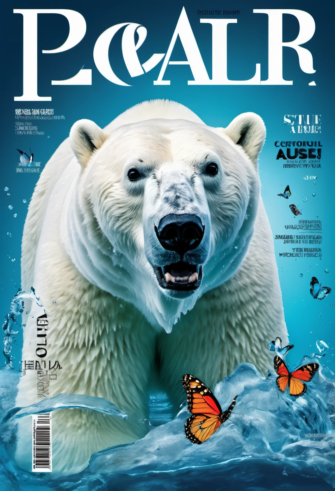 Fashion magazine cover design，Iceberg and polar bear，a colorful butterfly，text，barcode，Stylish and simple，The theme highlights caring for the environment