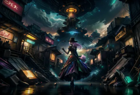 a elegant woman in a hat and purple lace bioluminescent dress walking through a city at enigmatic city, cyberpunk art inspired b...