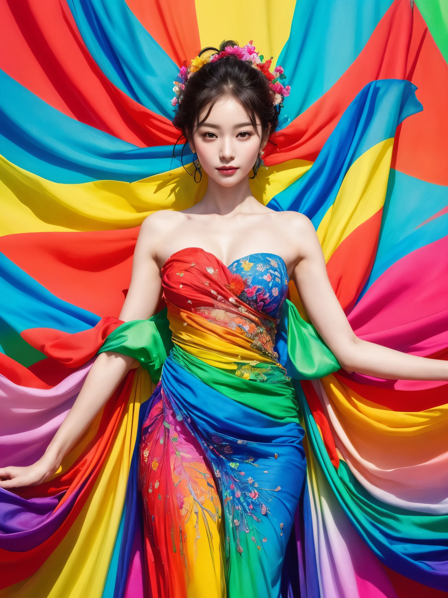 offcial art,Colorful background, A beautiful woman with delicate facial features,Flower arms, Colorful and colorful silks cover the body, The looming body, (masterpiece, top quality, best quality, official art, beautiful and aesthetic:1.2)