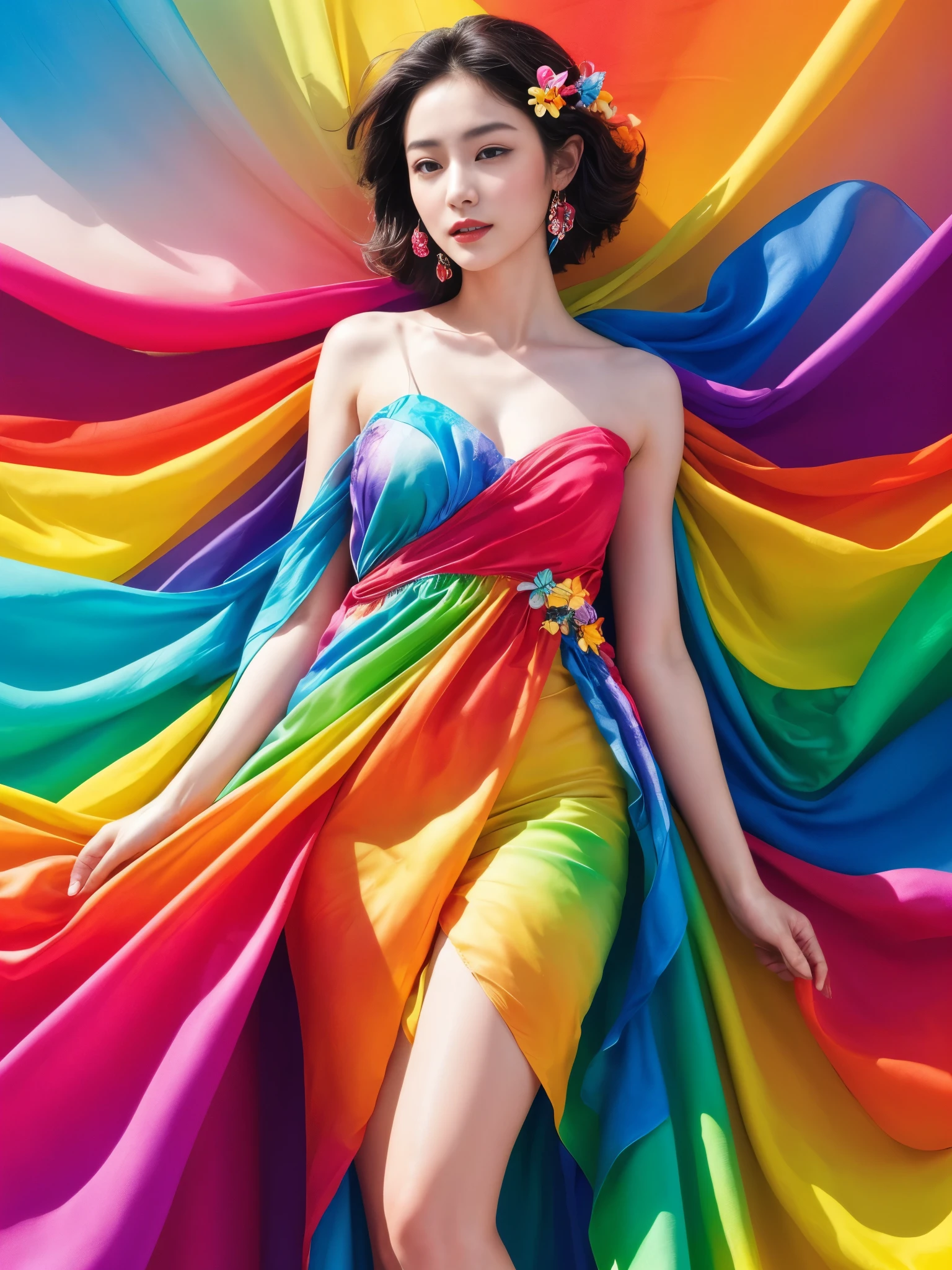 offcial art,Colorful background, A beautiful woman with delicate facial features,Flower arms, Colorful and colorful silks cover the body, The looming body, (masterpiece, top quality, best quality, official art, beautiful and aesthetic:1.2)