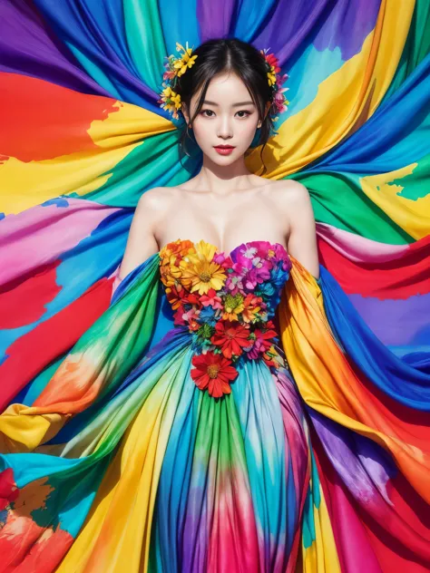 offcial art,colorful background, a beautiful woman with delicate facial features,flower arms, colorful and colorful silks cover ...