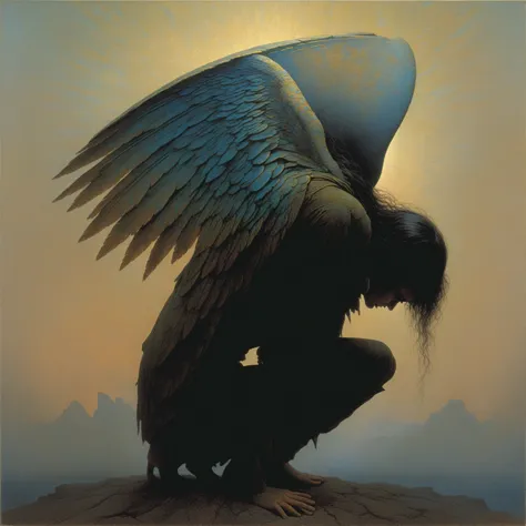 a painting of a person kneeling down with a wing on their head, beksiński, zdzisław beksiński, zdzislaw beksiński, by Milton Gl...