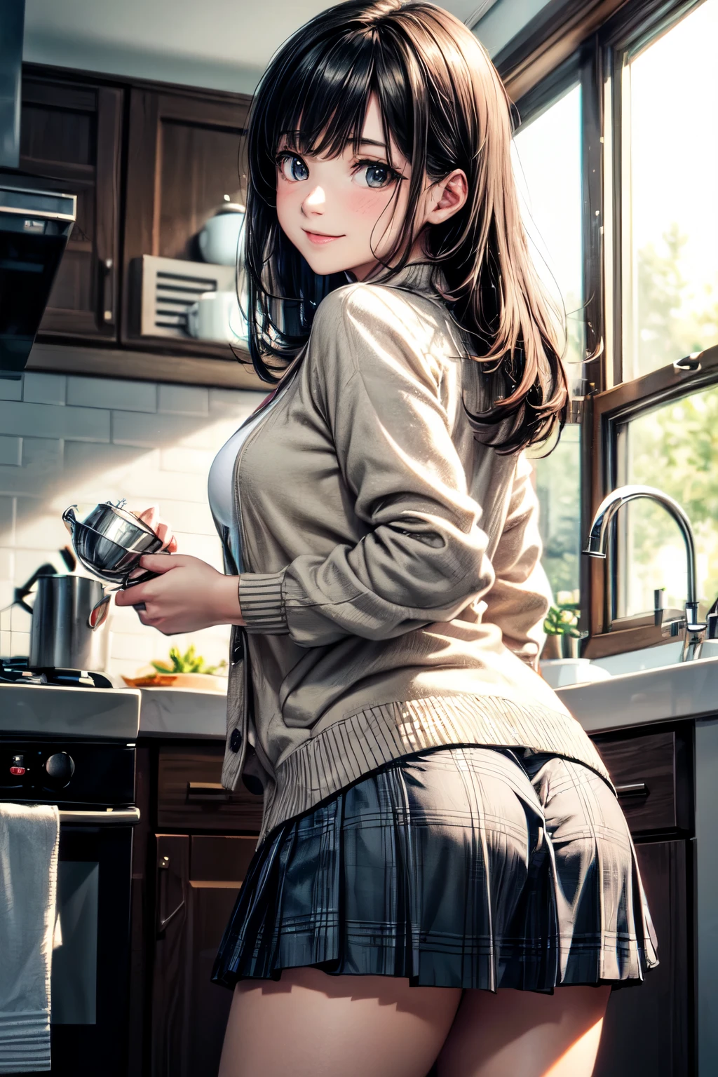 very cute and beautiful girl standing in kitchen,(highly detailed beautiful face),white blouse,(smile),
cowboy shot,(beige cardigan:1.2) BREAK (looking back,from behind),leaning forward,looking at viewer,
(pleated plaid mini skirt:1.2),from below,(white panties),
black hair,kitchen pot,white tea cups and dishes,seasoning bottles,
(best quality,masterpiece:1.2),absurdres,highres,ultra-detailed,extremely detailed,32k,8k resolution,
intricate details,cinematic scene,detailed background,solo,dynamic angle,