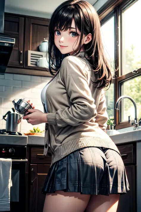 very cute and beautiful girl standing in kitchen,(highly detailed beautiful face),white blouse,(smile),
cowboy shot,(beige cardigan:1.2) BREAK (looking back,from behind),leaning forward,looking at viewer,
(pleated plaid mini skirt:1.2),from below,(white pa...
