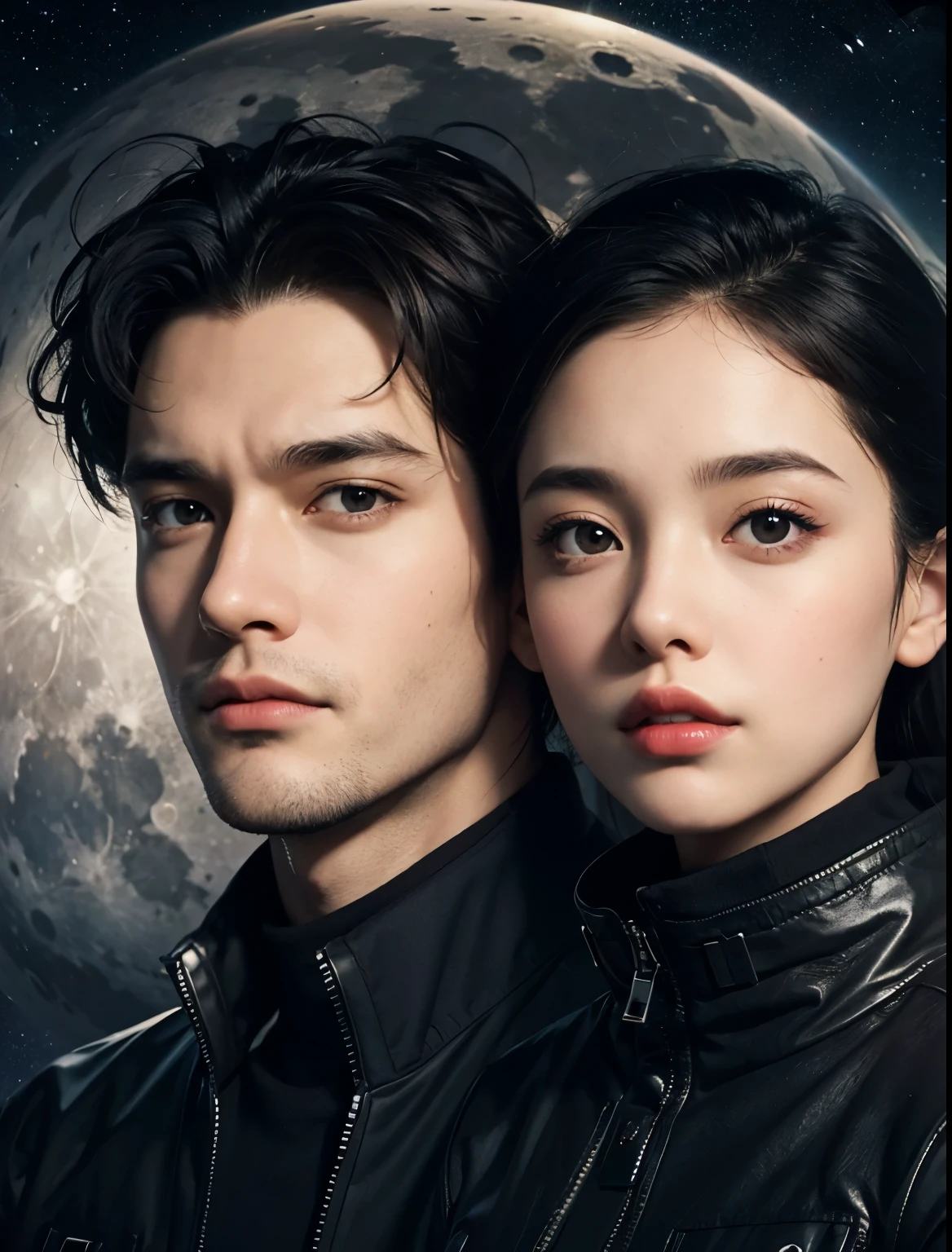 A handsome man and a beautiful woman. Late twenties. The man has short black hair. The woman has dark brown hair. Both of them are also wearing jackets. The two are looking at the camera with serious expressions. An image of outer space and the moon in the space behind them. A masterpiece.