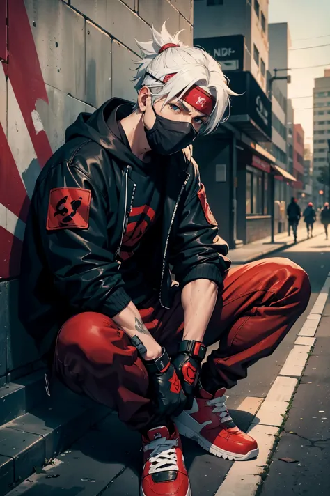 (best quality,4k,highres),Kakashi sitting on the ground with a street style, leaning against a wall, red Jordans, red ninja glov...