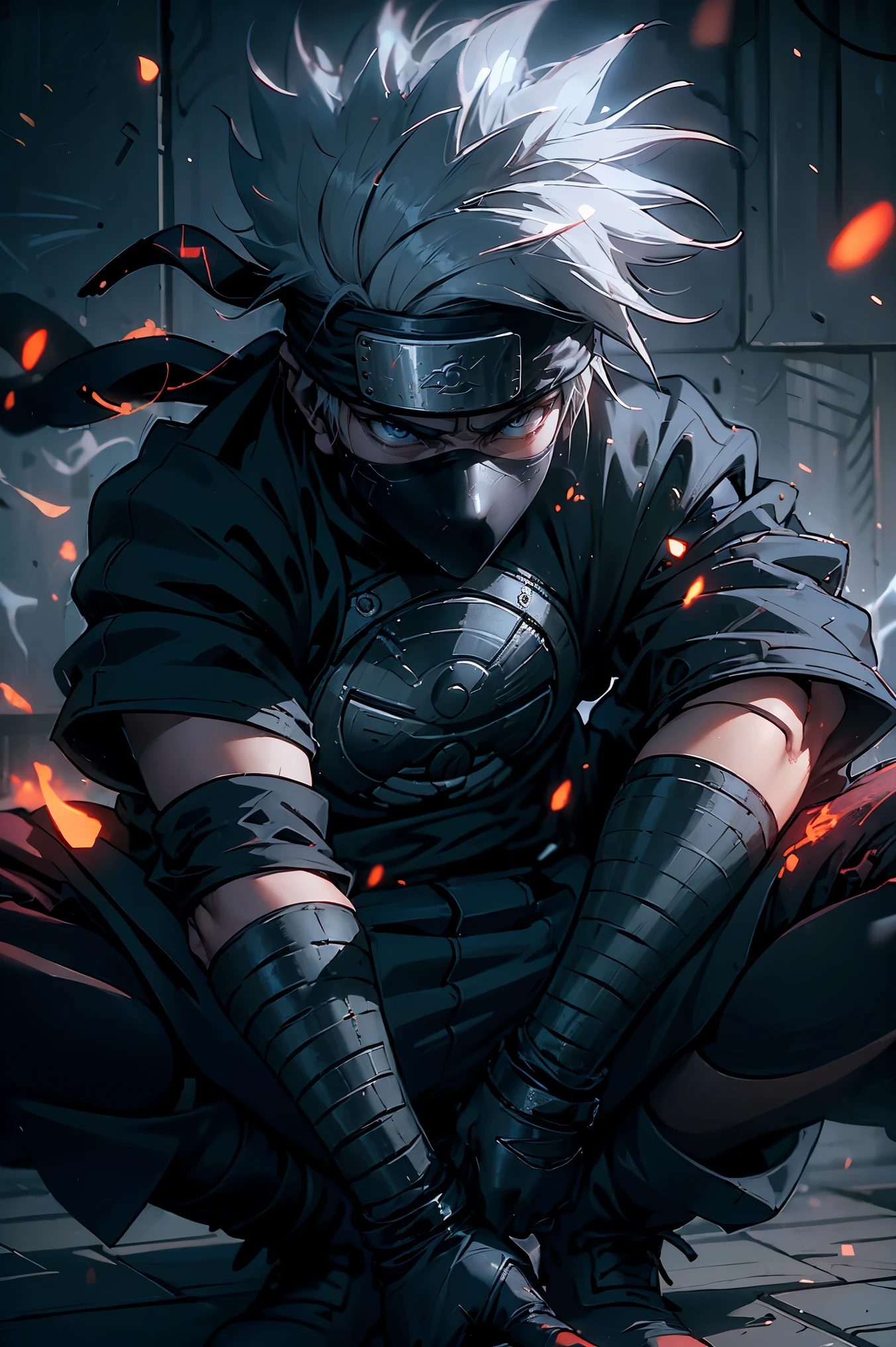 (best quality,4k,highres),Kakashi sitting on the ground with a street style, leaning against a wall, red Jordans, red ninja gloves, white hair, ninja headband, mask covering his mouth, graffiti background, vibrant colors, urban art style, edgy lighting