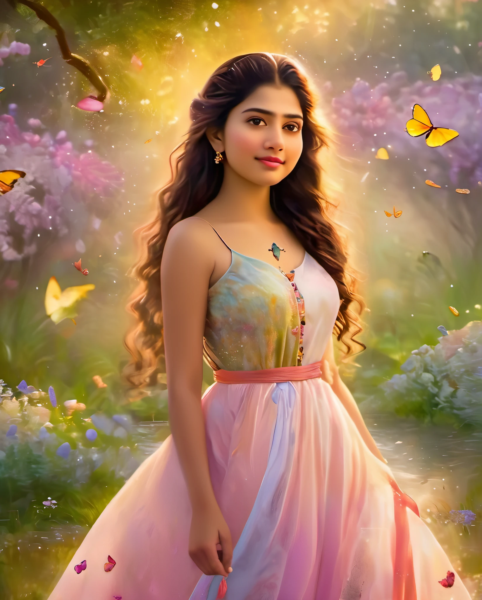 看起来像 Sai Pallavi, 1女孩, 独自的, 全身, (杰作:1.21), (最好的质量:1.2), 丰富多彩的, (插图:1.2), (电影灯光:1.1), (裸露肩膀:1.21), (锁骨:1.21)
在这个奇妙而梦幻的花园里, 场景被彩虹照亮 (丰富多彩的 fireflies), 在空中飞舞. 花园装饰着柔和的 (细雨), 营造出一种朦胧飘渺的氛围. 在场景的中心, 有一个单身女孩, 极其清秀美丽的姑娘, 有着可爱的面容和无辜的表情. 她的长发随风飘扬. 她穿着无肩带连衣裙, 超低胸, 凸显她精致的曲线.

灯光很精致很漂亮, 营造出柔和温暖的光芒，凸显水面, 让它像钻石一样闪耀. 最细小的草也被照亮, 打造一片郁郁葱葱的绿毯. The garden is surrounded by 丰富多彩的 flower fields, 各种颜色和形状的花朵. (色彩斑斓的蝴蝶), 各种颜色和尺寸, 可以看到在现场飘动, 增加了整体的奇妙和魔幻感. (看看人工智能观众),她的鼻子上泛起红晕, 嘴巴微张, 增加了整体的纯真和年轻的感觉. 飘落的花瓣在她周围飘舞, 增添了整体的浪漫和美感. 一阵微风吹过现场, 让树叶沙沙作响，花朵摇曳, 增加了整体的运动感和生命力. 这是一个充满奇迹和魔力的场景, 色彩绚丽, 观众可以沉浸在这个迷人而迷人的世界中.