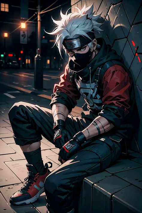 (best quality,4k,highres),Kakashi sitting on the ground with a street style, leaning against a wall, red Jordans, red ninja glov...