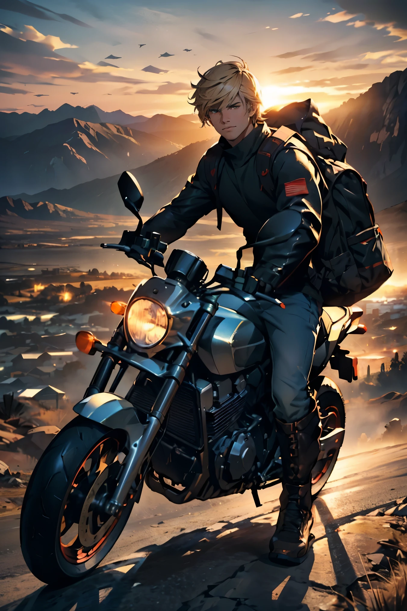 (a boy on a motorcycle on top of a mountain with great views of a desert, 2000s motorcycle, with a backpack on his back and wearing work clothes), (best quality, 4k, highres, masterpiece:1.2), ultra-detailed, realistic:1.37, HDR, studio lighting, extreme detail description, professional, vivid colors, bokeh, portraits, landscape, urban, vintage, warm tones, dramatic lighting