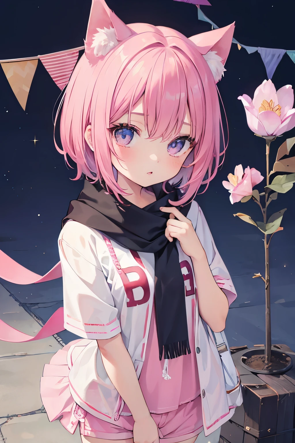 Anime girl with pink hair and a black scarf standing in front of a flower -  SeaArt AI