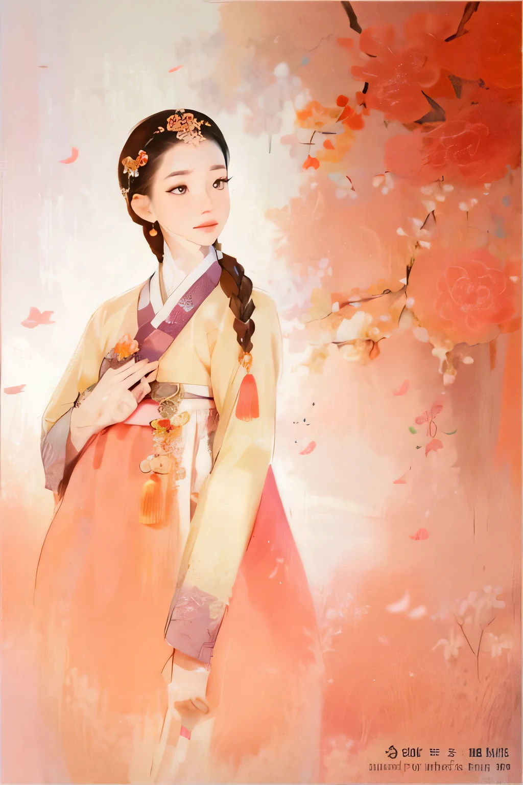 一位身穿韓服，頭戴鮮花的女性插畫, 生產: 旌善, 韓國女人, inspired 生產: 旌善, 受尹鬥瑞啟發的作品, 記者 沉思正, 美麗的人物圖畫, korean 他是一本書, 靈感來自申師任堂, 由 Sandara 신윤, 中國古代美女, 中國古代公主, 他是一本書