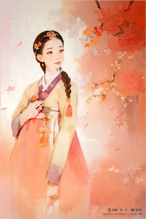 Illustration of a woman wearing a hanbok with a flower in her hair, Produce: Jeongseon, Korean woman, inspired Produce: Jeongseo...