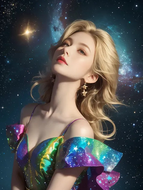 Psychedelic style 1girl,One,wide shot,(wide dress made of galaxy and stars:1.3),bare shoulders,without straps,Jewelry,earrings,b...