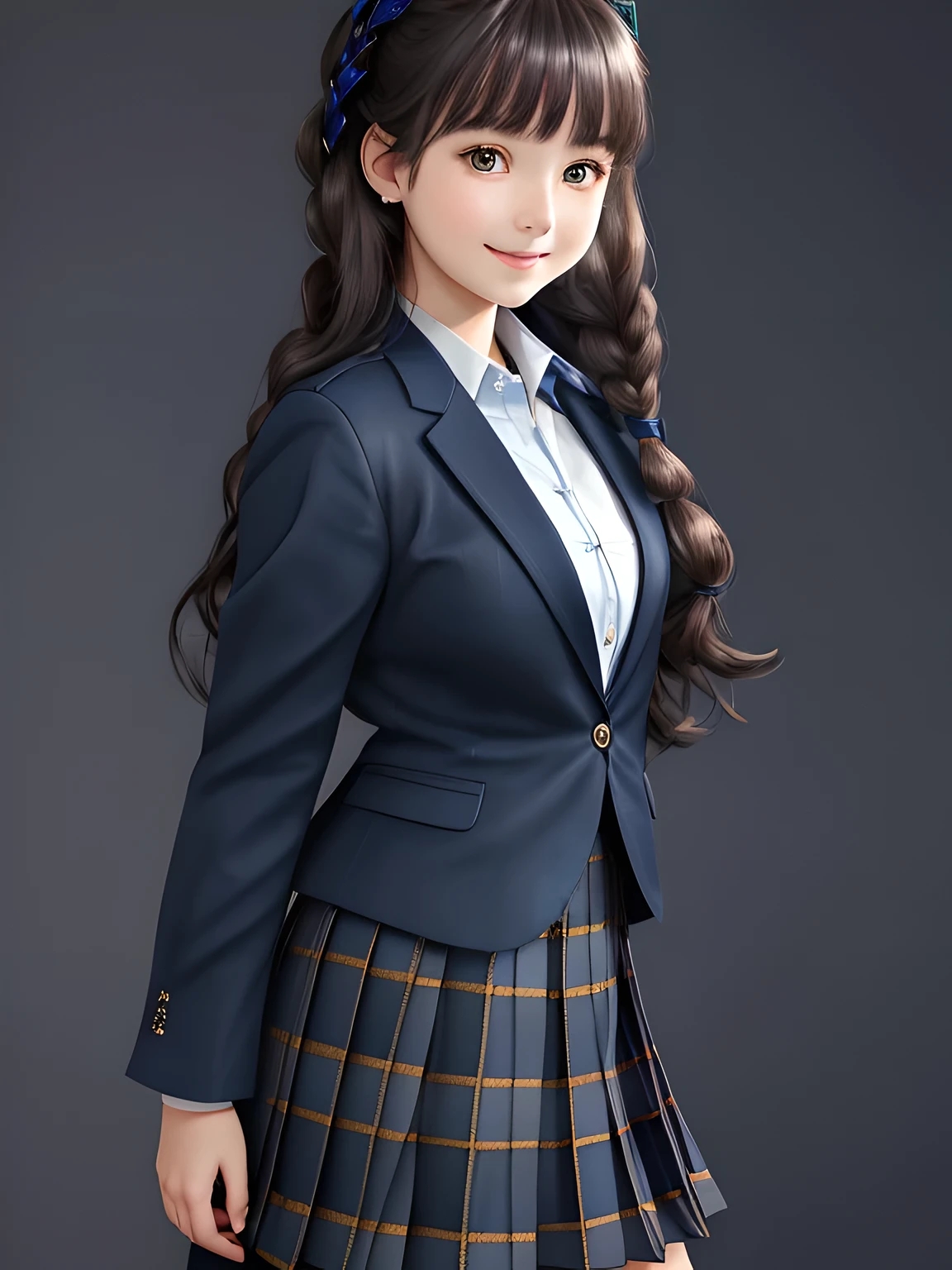 (((18-year-old & smart japanese girl))), Very beautiful portrait, realistic cute girl drawing, amazing digital paintings, elegant digital paintings, baroque digital painting, detailed beautiful portrait, ((brown eyes)), ((((Dark Blue Blue Blue and Navy Navy Check Long Pleated Tartan Check Long Skirt)))),((((dark blue school blazer with emblem)))), (((dark brown twin braid hairstyle))), ((only looking at the viewer)), ((Transparent pure white skin)), ((very white skin)), ((very curly bangs)), ((long eyelashes)), (((close your eyes and smile))), ((put your hand on your chest)), ((thin downward eyebrows)), white background, ((shot from the side)), ((((droopy eyes)))), ((thin body)), ((fat face))