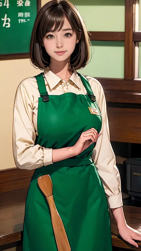 Limited to 1 female, Are standing, (staff uniforms) (Dark green apron), /(brown hair/) bangs, A gentle smile with a blush, (clos...