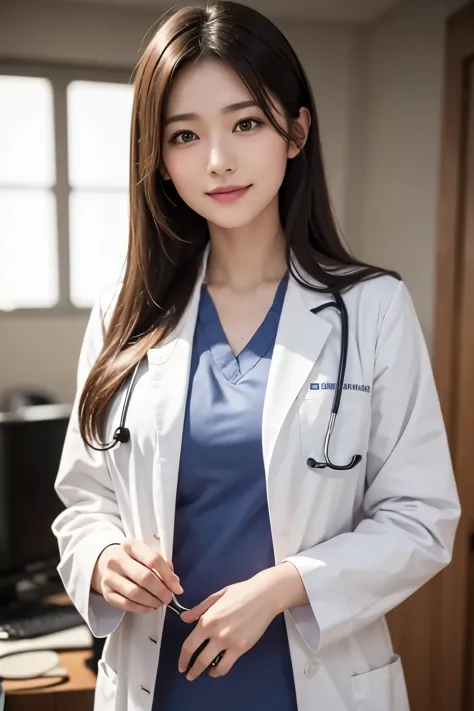 realistic beautiful doctor、amazingly beautiful、doctor&#39;s white coat, Collared shirts are open at the chest、(highest quality、8K、32k、masterpiece、nffsw:1.3)、超A high resolution,(Photoreal:1.4),RAW photo, detailed face,,beautiful hair, ((doctor style)), ,Lon...