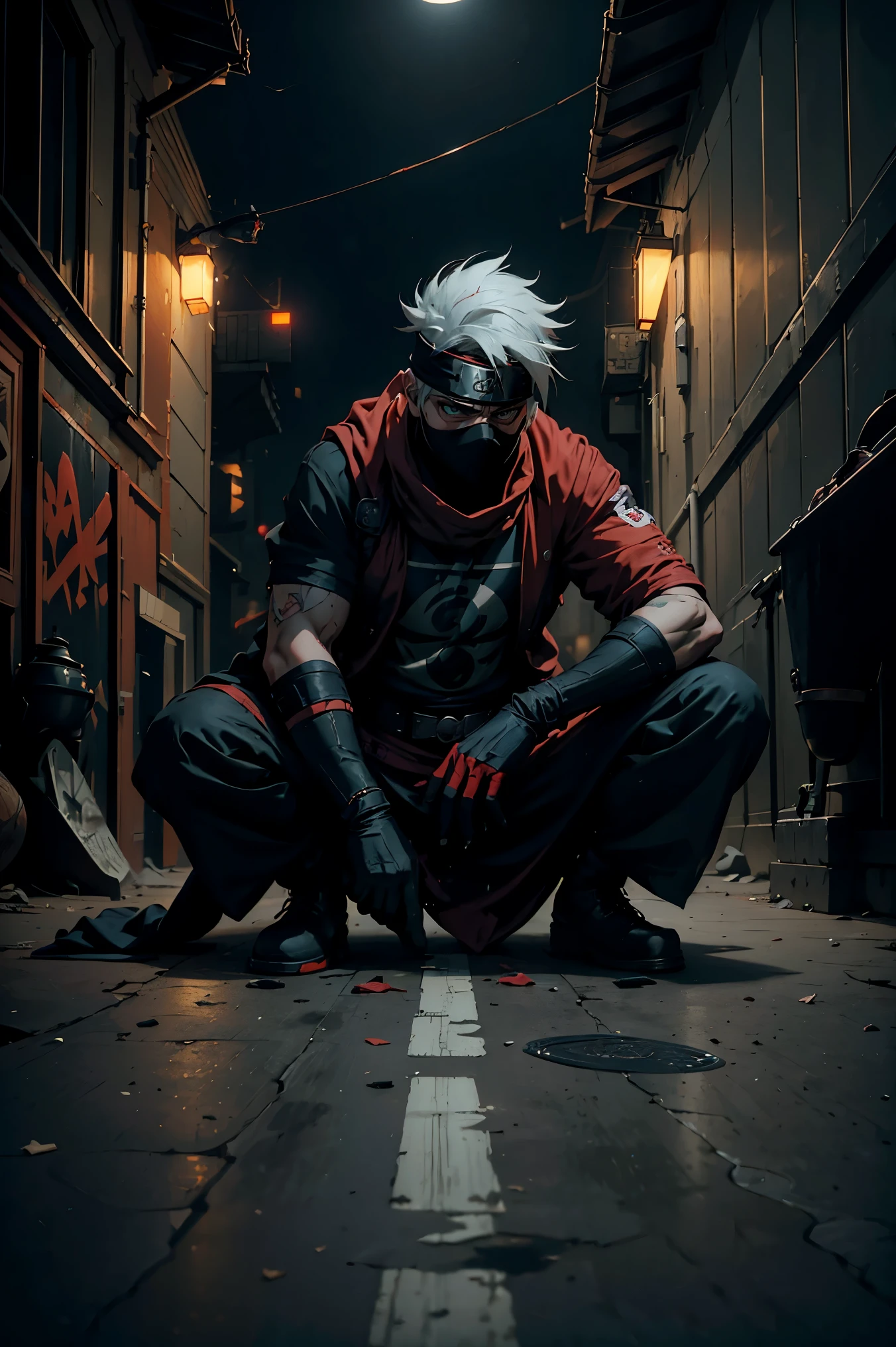 (best quality,4k,highres),Kakashi sitting on the ground with a street style, leaning against a wall, red Jordans, red ninja gloves, white hair, ninja headband, mask covering his mouth, graffiti background, vibrant colors, urban art style, edgy lighting