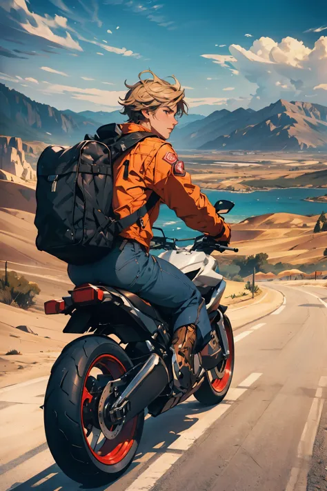 (a boy on a motorcycle on top of a mountain with great views of a desert, 2000s motorcycle, with a backpack on his back and wear...