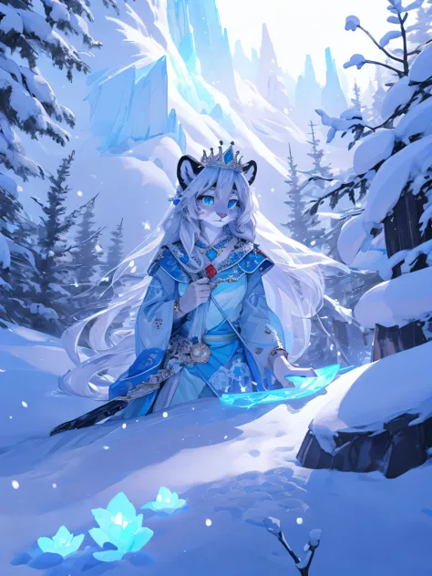 A female snow leopard，Wearing a princess-like crown on her head，her eyes yes，and long white hair。Behind her is the beautiful sno...
