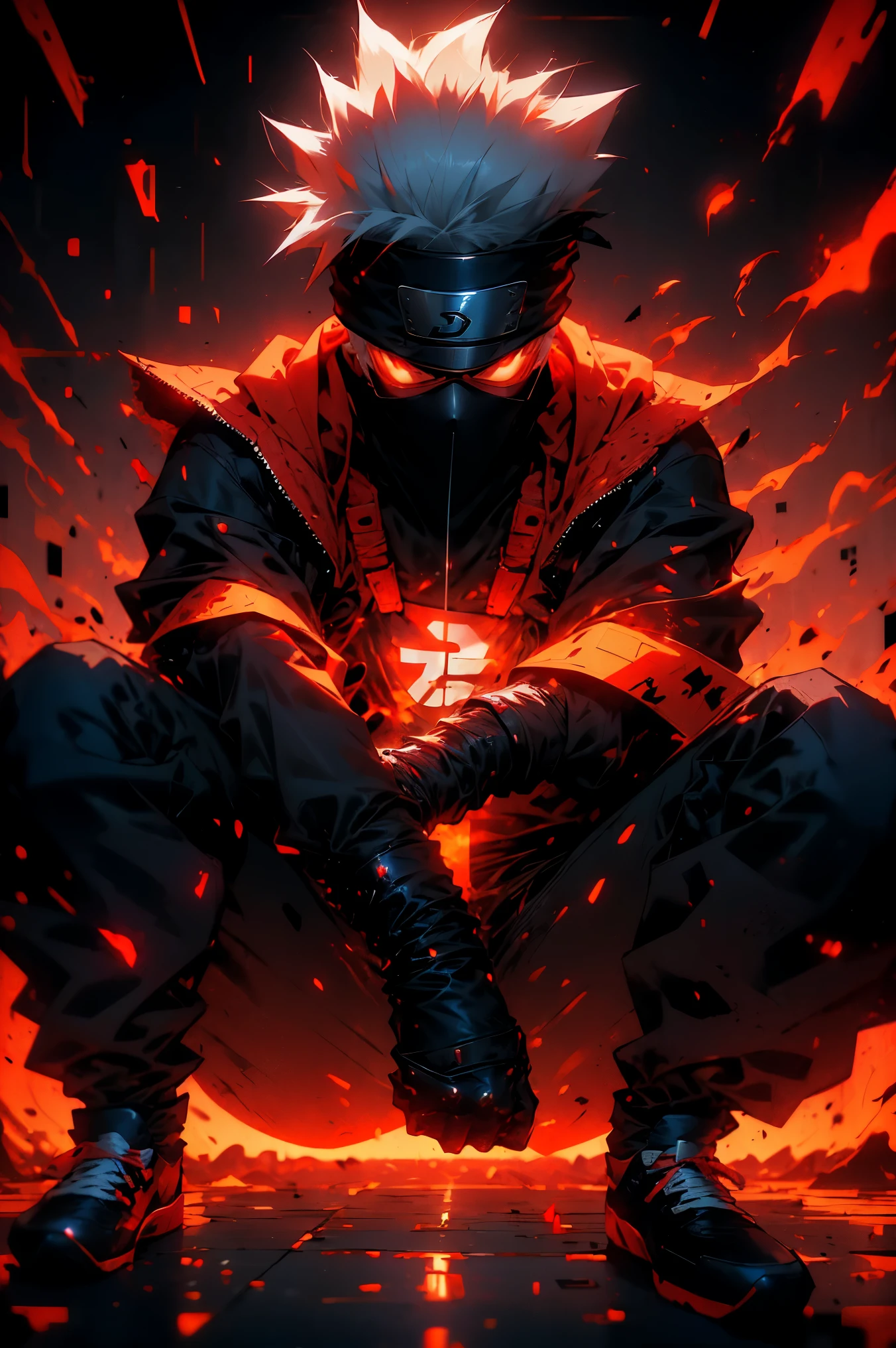 (best quality,4k,highres),Kakashi sitting on the ground with a street style, leaning against a wall, red Jordans, red ninja gloves, white hair, ninja headband, mask covering his mouth, graffiti background, vibrant colors, urban art style, edgy lighting