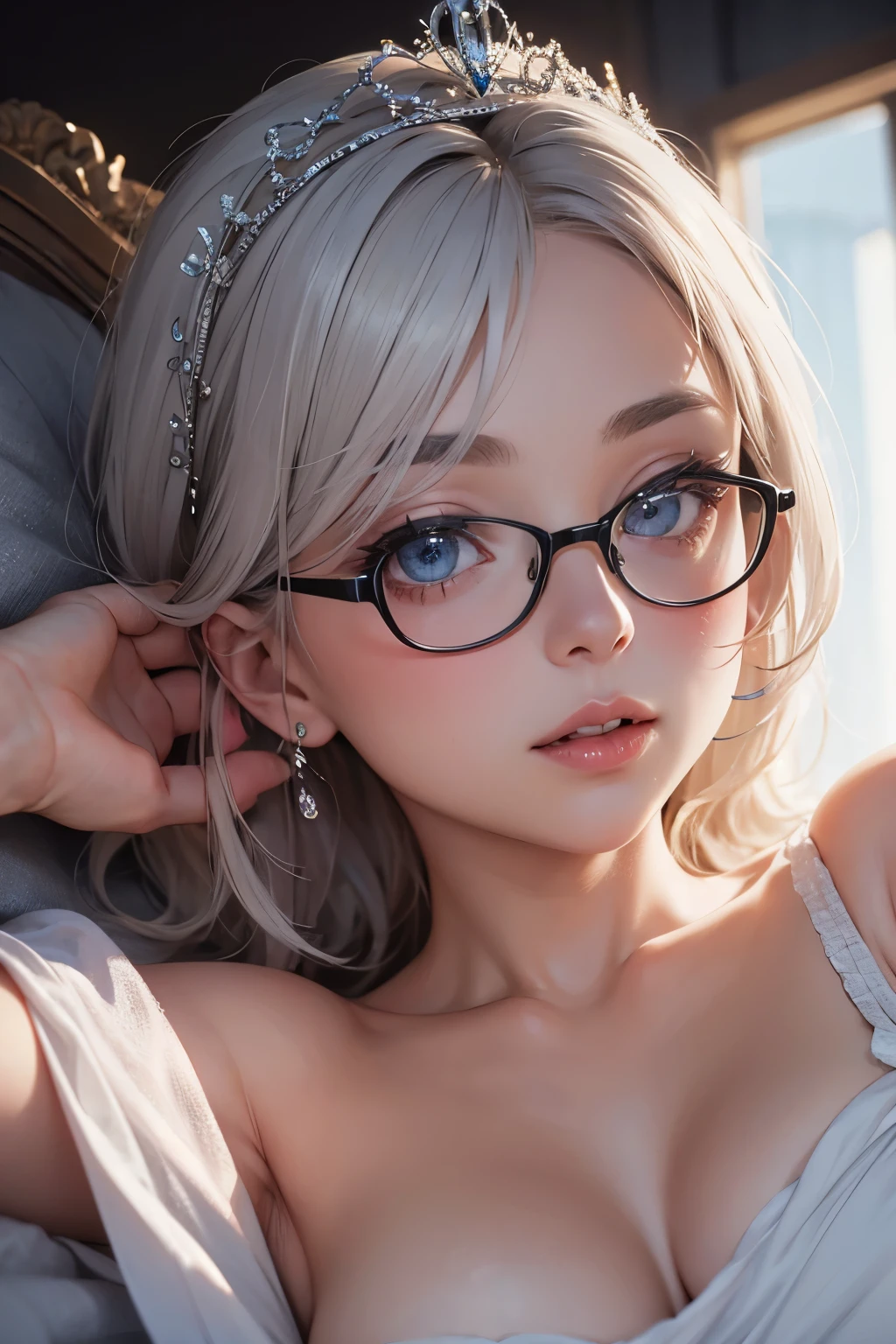 ((best quality)), ((masterpiece)), (detailed), perfect seductive face a beautiful white-toned girl with black and silver hair wearing glasses and silky clothes, blue eyes, glossy skin. detailed skin, pink lips with a tiara on her head, laying back on her royal bed 