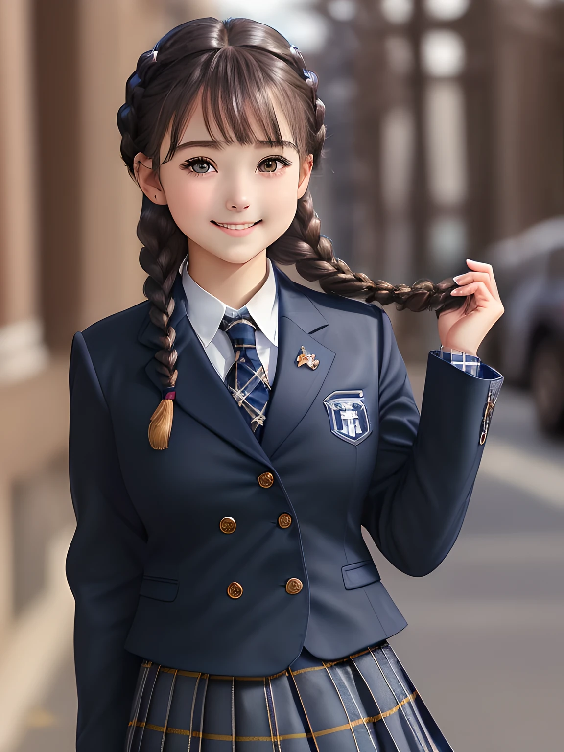 (((20-year-old & smart & elegant & beautiful japanese girl))), ((sing the soprano part of a classical song)), Very beautiful portrait, realistic girl drawing, amazing digital paintings, elegant digital paintings, detailed beautiful portrait, ((big brown eyes)), ((((Dark Blue Blue Blue and Navy Navy Check Long Pleated Tartan Check Long Skirt)))),((((dark blue school blazer with emblem)))), (((Dark brown twin tight braid hairstyle))), ((only looking at the viewer)), ((Transparent pure white skin)), ((very white skin)), ((very very very curly bangs)), ((long eyelashes)), (((close your eyes and smile))), ((put your hand on your chest)), ((thin downward eyebrows)), white background, ((shot from the side)), ((((droopy eyes)))), ((thin body)), ((((fat face)))), (((smile gently)))