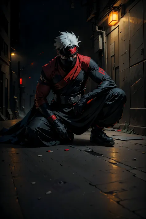 (best quality,4k,highres),Kakashi sitting on the ground with a street style, leaning against a wall, red Jordans, red ninja glov...