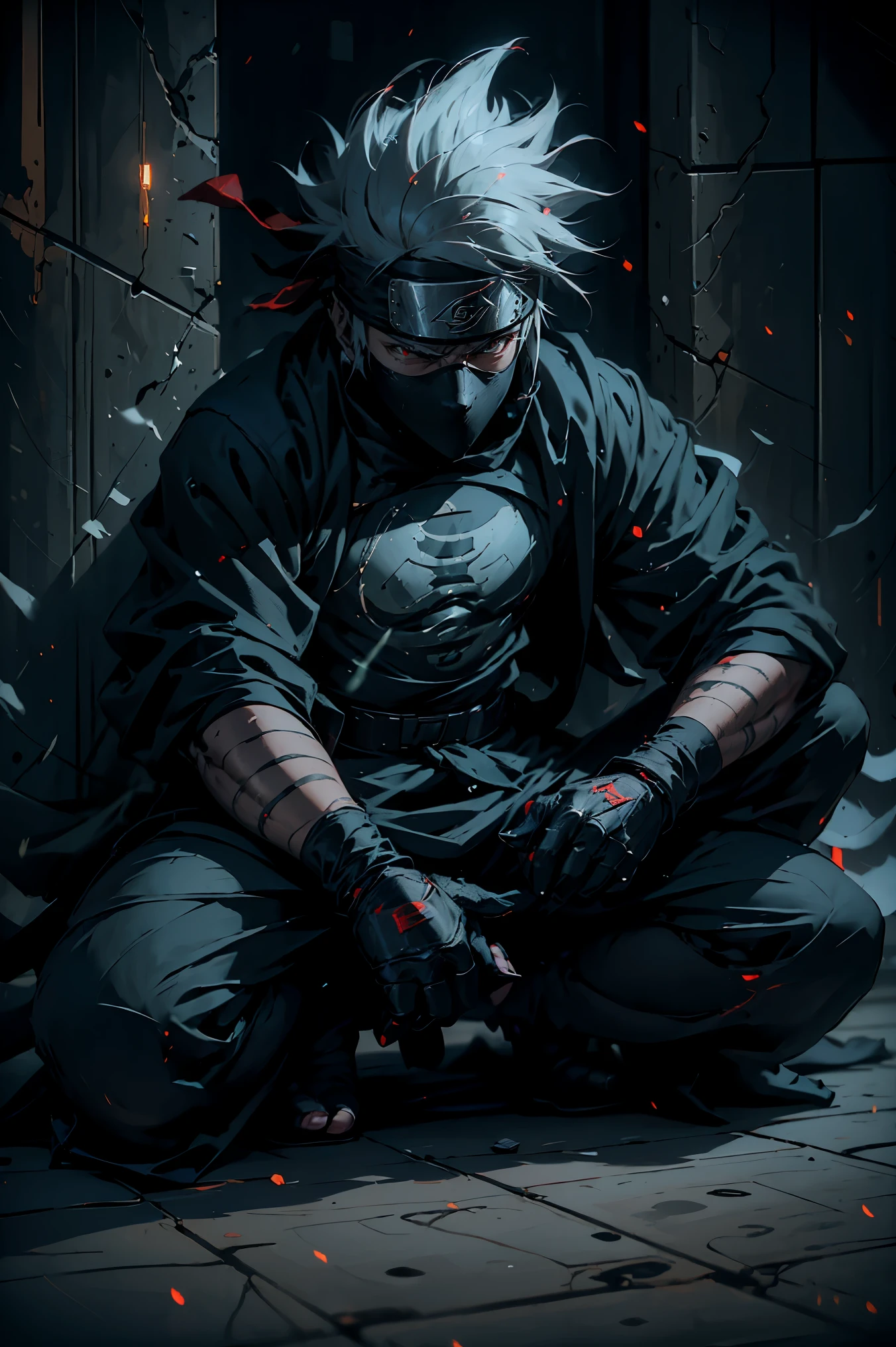 (best quality,4k,highres),Kakashi sitting on the ground with a street style, leaning against a wall, red Jordans, red ninja gloves, white hair, ninja headband, mask covering his mouth, graffiti background, vibrant colors, urban art style, edgy lighting,((ninja fantasmal))