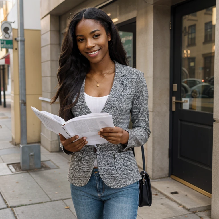 African American with long hair and beautiful skin model DRESSED IN SMART CASUAL READING A NEW PAPER ON A SIDE WALK SMILING