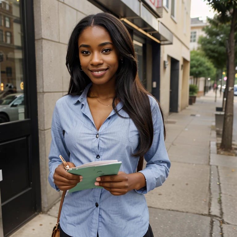 African American with long hair and beautiful skin model DRESSED IN SMART CASUAL READING A NEW PAPER ON A SIDE WALK SMILING