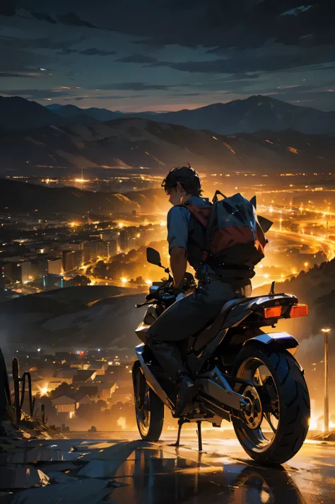 (a boy on a motorcycle on top of a mountain with great views of a desert, 2000s motorcycle, with a backpack on his back and wear...