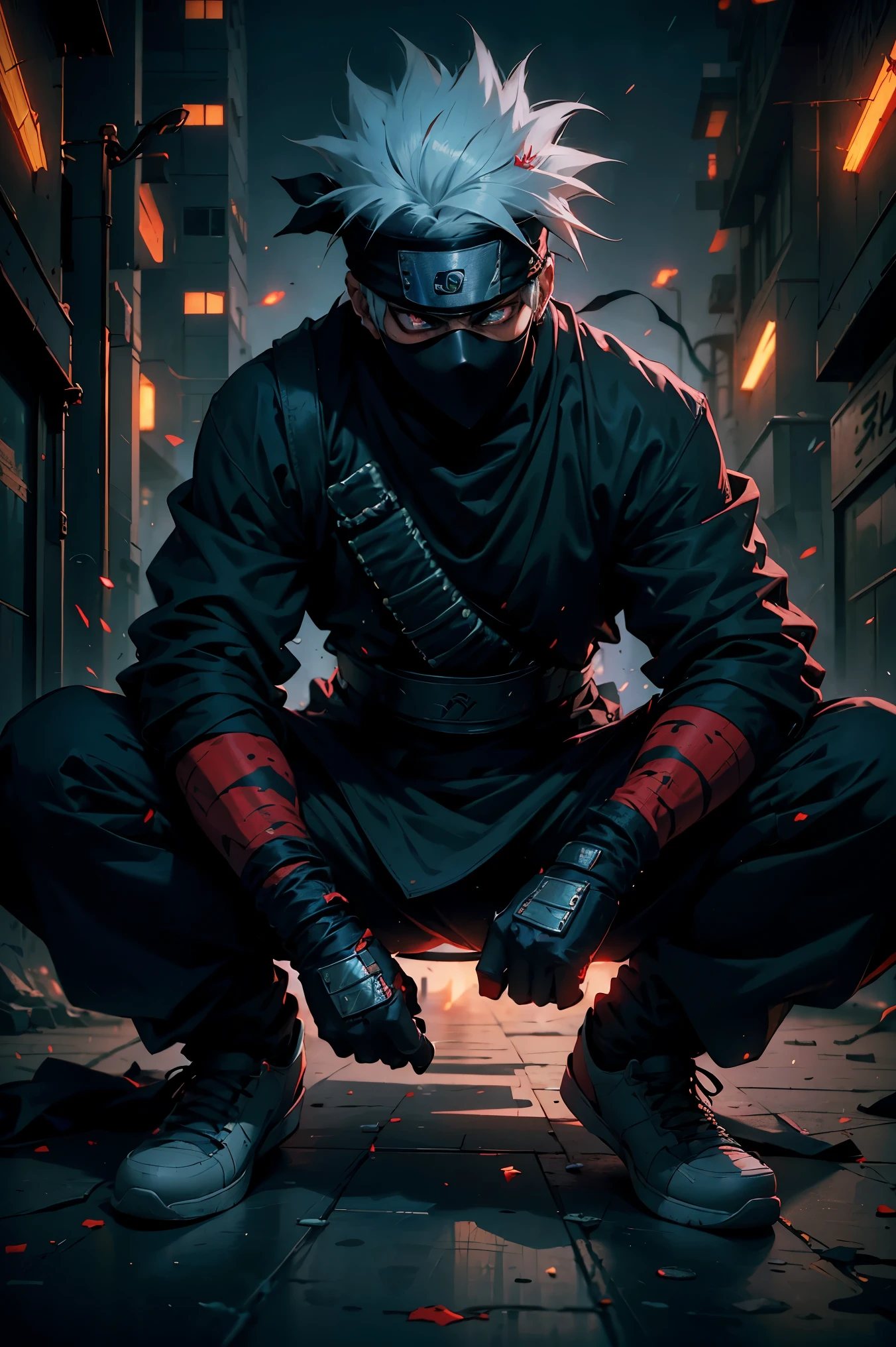(best quality,4k,highres),Kakashi sitting on the ground with a street style, leaning against a wall, red Jordans, red ninja gloves, white hair, ninja headband, mask covering his mouth, graffiti background, vibrant colors, urban art style, edgy lighting,((ninja fantasmal))