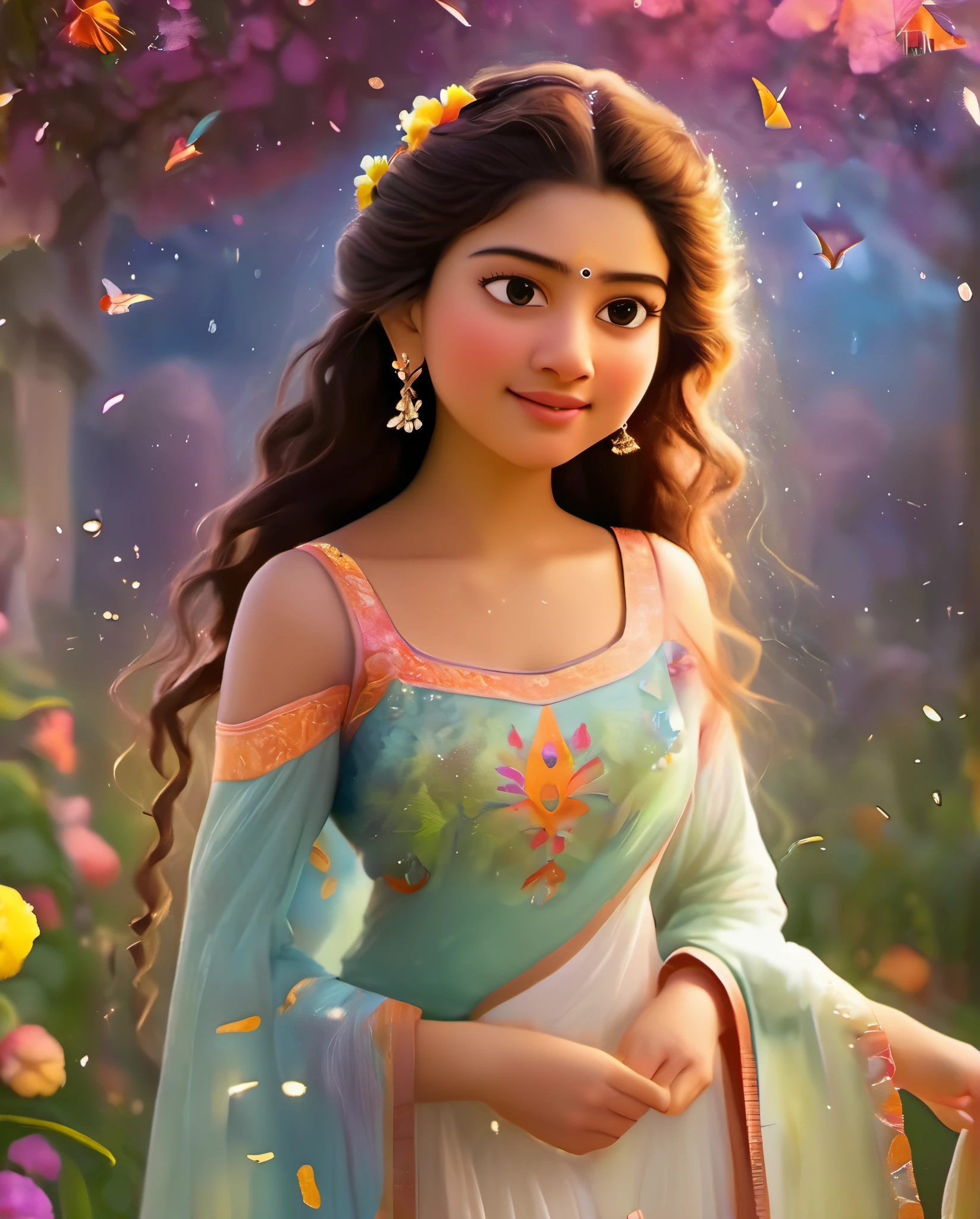 Looks like Sai Pallavi, 1girl, solo, full body, (masterpiece:1.21), (best quality:1.2), colorful, (illustration:1.2), (cinematic lighting:1.1), (bare shoulders:1.21), (collarbone:1.21)
In this whimsical and fantastical garden, the scene is illuminated by a rainbow of (colorful fireflies), dancing and fluttering in the air. The garden is decorated by a gentle (drizzle), creating a misty and ethereal atmosphere. In the center of the scene, there is a single girl, an extremely delicate and beautiful girl, with cute features and an innocent expression. Her long hair is flowing with the wind. She is wearing no shoulder straps dress, which is ultra low cut, highlighting her delicate curves.

The lighting is very delicate and beautiful, creating a soft and warm glow that highlights the water, making it sparkle like diamonds. The finest grass is also illuminated, creating a lush and verdant carpet. The garden is surrounded by colorful flower fields, with blooms of every color and shape. (Colorful butterflies), of every shade and size, can be seen fluttering around the scene, adding to the overall sense of wonder and magic. (look ai viewer),A blush can be seen on her nose, and her mouth is slightly open, adding to the overall sense of innocence and youthfulness. Falling petals can be seen floating around her, adding to the overall sense of romance and beauty. A gentle wind is blowing through the scene, making the leaves rustle and the flowers sway, adding to the overall sense of movement and life. This is a scene of pure wonder and magic, filled with color and beauty, where the viewer can lose themselves in the enchanting and captivating world.