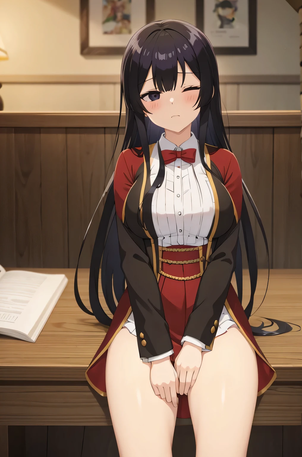 Anime girl with long black hair sitting on a desk with a book - SeaArt AI