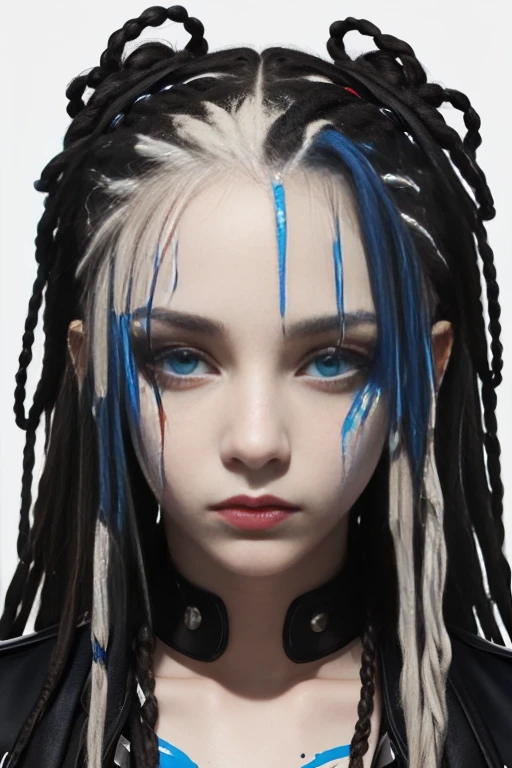 Young white female with dreadlocks, some with blue and red accents, intense gaze, and a neutral expression, against a monochrome background with paint drips