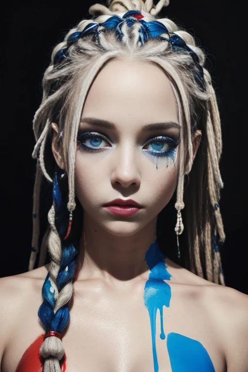 Young white female with dreadlocks, some with blue and red accents, intense gaze, and a neutral expression, against a monochrome background with paint drips