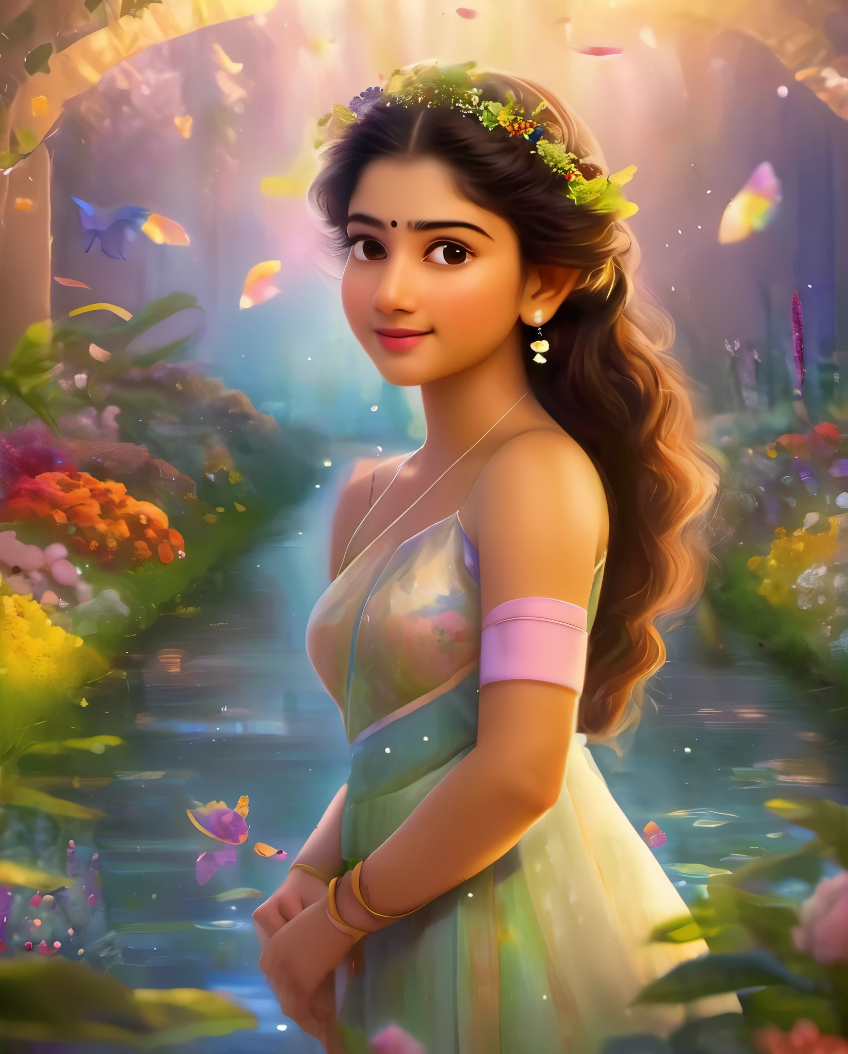 Sieht aus wie Sai Pallavi, 1 Mädchen, Allein, Ganzkörper, (Meisterwerk:1.21), (beste Qualität:1.2), bunt, (Illustration:1.2), (filmische Beleuchtung:1.1), (nackten Schultern:1.21), (Schlüsselbein:1.21)
In diesem wunderlichen und phantasievollen Garten, Die Szene wird von einem Regenbogen aus (bunt fireflies), tanzend und flatternd in der Luft. Der Garten ist geschmückt durch eine sanfte (Nieselregen), Schafft eine neblige und ätherische Atmosphäre. Im Zentrum der Szene, Es gibt ein einzelnes Mädchen, ein äußerst zartes und schönes Mädchen, mit süßen Gesichtszügen und einem unschuldigen Ausdruck. Ihr langes Haar weht im Wind. Sie trägt ein schulterfreies Kleid, das ist ultra-tief geschnitten, betont ihre zarten Kurven.

Die Beleuchtung ist sehr zart und schön, Erzeugt einen sanften und warmen Schein, der das Wasser hervorhebt, lässt es wie Diamanten funkeln. Auch feinstes Gras wird beleuchtet, Schaffen eines üppigen und grünen Teppichs. The garden is surrounded by bunt flower fields, mit Blüten in jeder Farbe und Form. (bunte Schmetterlinge), in jeder Farbe und Größe, kann man um die Szene herumflattern sehen, trägt zum allgemeinen Gefühl von Wunder und Magie bei. (schau dir den AI-Viewer an),Auf ihrer Nase ist eine Röte zu sehen, und ihr Mund ist leicht geöffnet, trägt zum allgemeinen Gefühl von Unschuld und Jugendlichkeit bei. Man sieht fallende Blütenblätter um sie herum schweben, trägt zum allgemeinen Gefühl von Romantik und Schönheit bei. Ein sanfter Wind weht durch die Szene, die Blätter rascheln und die Blumen schwanken lassen, das allgemeine Gefühl von Bewegung und Leben verstärken. Dies ist eine Szene voller Wunder und Magie, voller Farbe und Schönheit, wo der Betrachter sich in der bezaubernden und fesselnden Welt verlieren kann.