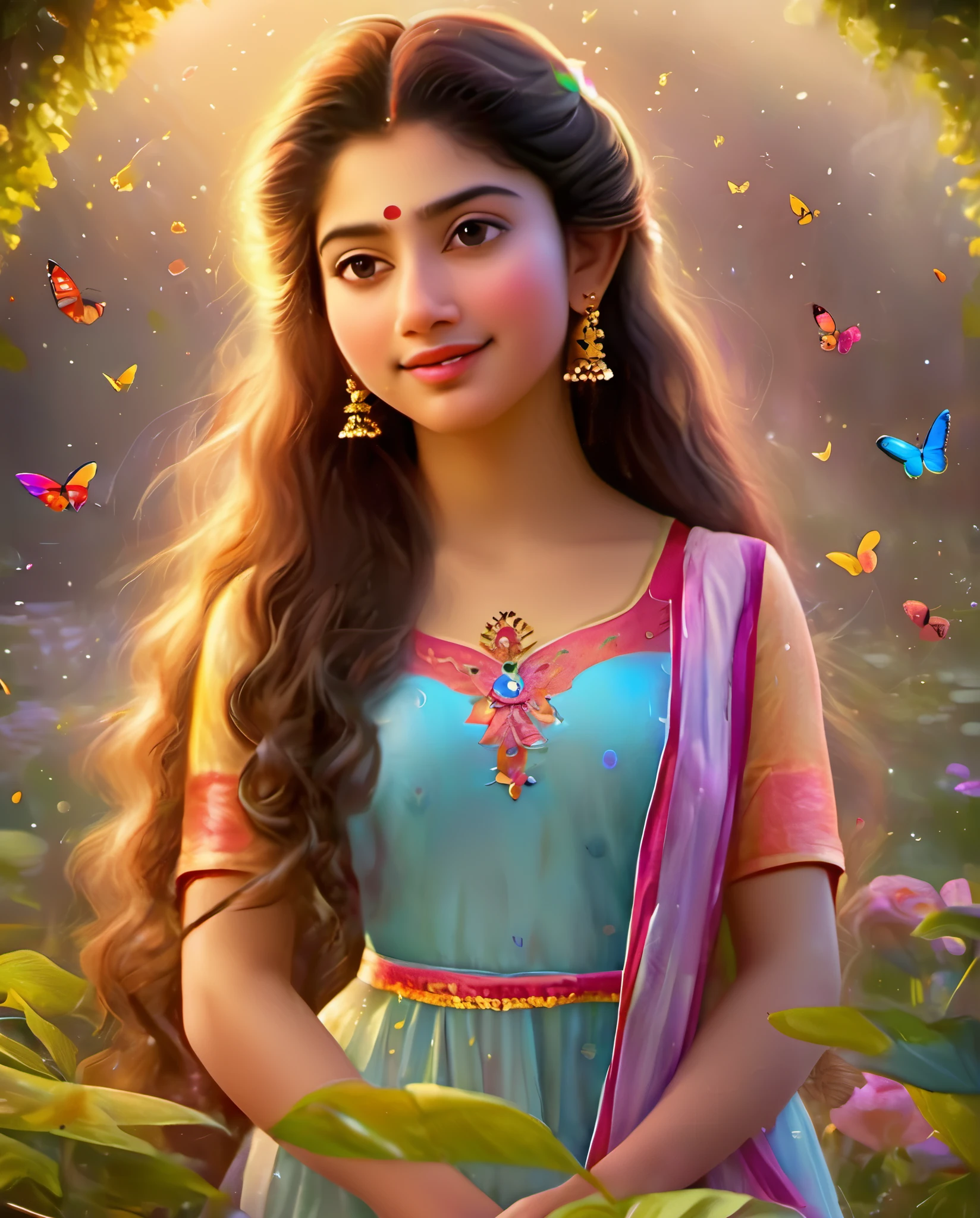 Looks like Sai Pallavi, 1girl, solo, full body, (masterpiece:1.21), (best quality:1.2), colorful, (illustration:1.2), (cinematic lighting:1.1), (bare shoulders:1.21), (collarbone:1.21)
In this whimsical and fantastical garden, the scene is illuminated by a rainbow of (colorful fireflies), dancing and fluttering in the air. The garden is decorated by a gentle (drizzle), creating a misty and ethereal atmosphere. In the center of the scene, there is a single girl, an extremely delicate and beautiful girl, with cute features and an innocent expression. Her long hair is flowing with the wind. She is wearing no shoulder straps dress, which is ultra low cut, highlighting her delicate curves.

The lighting is very delicate and beautiful, creating a soft and warm glow that highlights the water, making it sparkle like diamonds. The finest grass is also illuminated, creating a lush and verdant carpet. The garden is surrounded by colorful flower fields, with blooms of every color and shape. (Colorful butterflies), of every shade and size, can be seen fluttering around the scene, adding to the overall sense of wonder and magic. (look ai viewer),A blush can be seen on her nose, and her mouth is slightly open, adding to the overall sense of innocence and youthfulness. Falling petals can be seen floating around her, adding to the overall sense of romance and beauty. A gentle wind is blowing through the scene, making the leaves rustle and the flowers sway, adding to the overall sense of movement and life. This is a scene of pure wonder and magic, filled with color and beauty, where the viewer can lose themselves in the enchanting and captivating world.