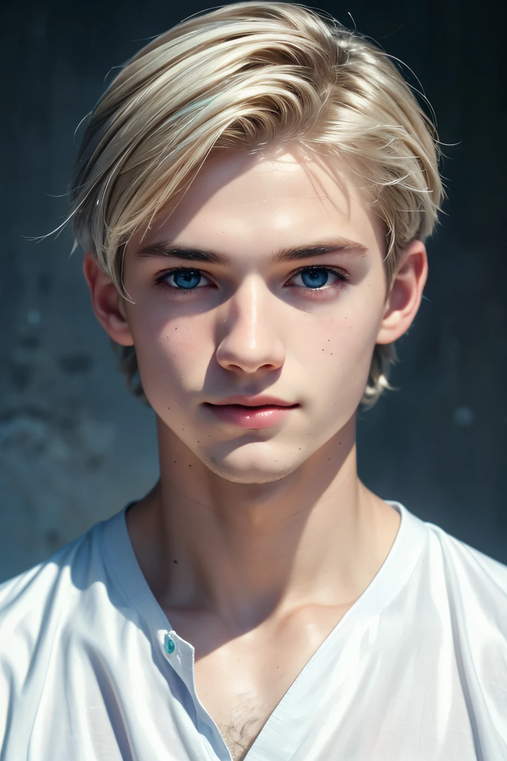 Best Image Quality, 4K, masterpiece, teenage male, White and soft skin, blonde with floppy short hair, Blue eyes, green and slightly ripe, cute and soft, young, pious eyes, exquisite hair, look at the lens, focus on the face, smile, Delicate facial features, Front lighting, front light source, portrait painting, facial enlargement, face close up, above shoulder, nice feeling, great pose for capturing the eye, portrait painting effect, blue sky and white clouds, roses