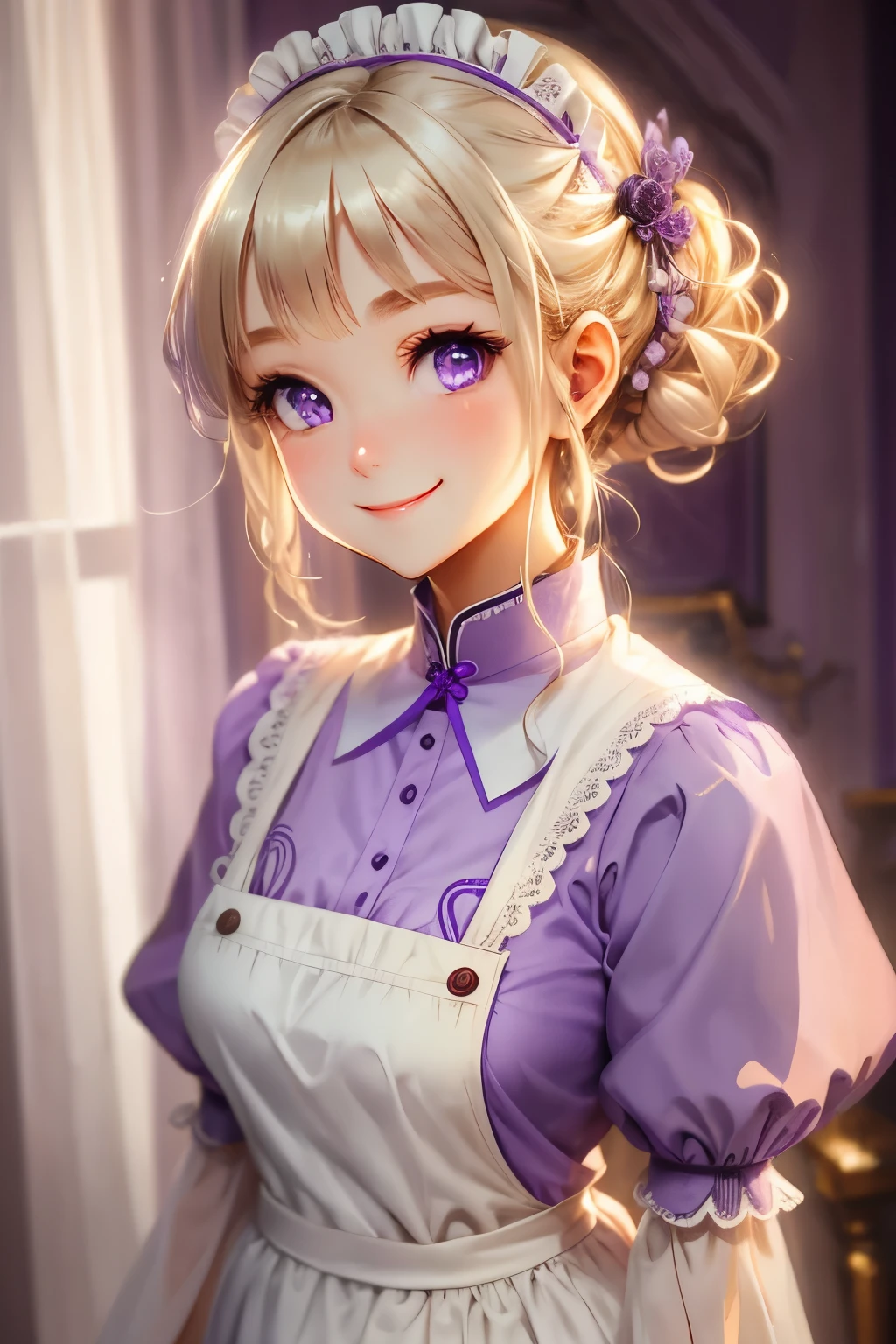 maid, blonde hair, purple eyes, smiling