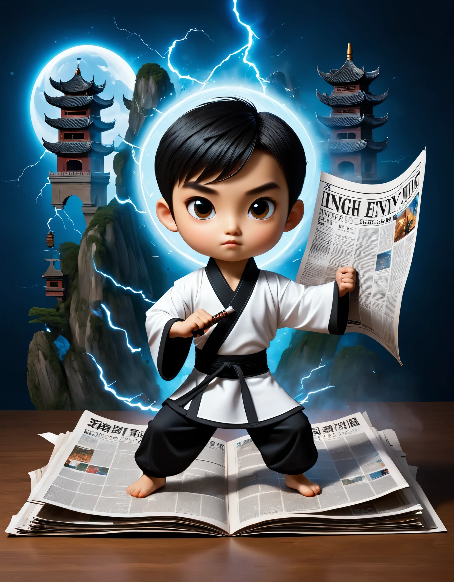 Diseño de portada de revista mágica., (un niño de kung fu tridimensional atravesó la tapa), 坚毅的目luz，ojos grandes，muscular man，the mighty magic kung fu boy is breaking out of el periódico, agujero grande roto, La acción es vívida., y realista, el título de la revista, "Vista mágica," emite una tenue luz mágica, fuentes únicas y llamativas en blanco y negro y runas mágicas incrustadas en los bordes de la portada, el periódico，Arte de la ilusión óptica，relámpago azul，luz，CG muy unificado,en el estilo del diseño de tarjetas de presentación, hermoso y detallado

