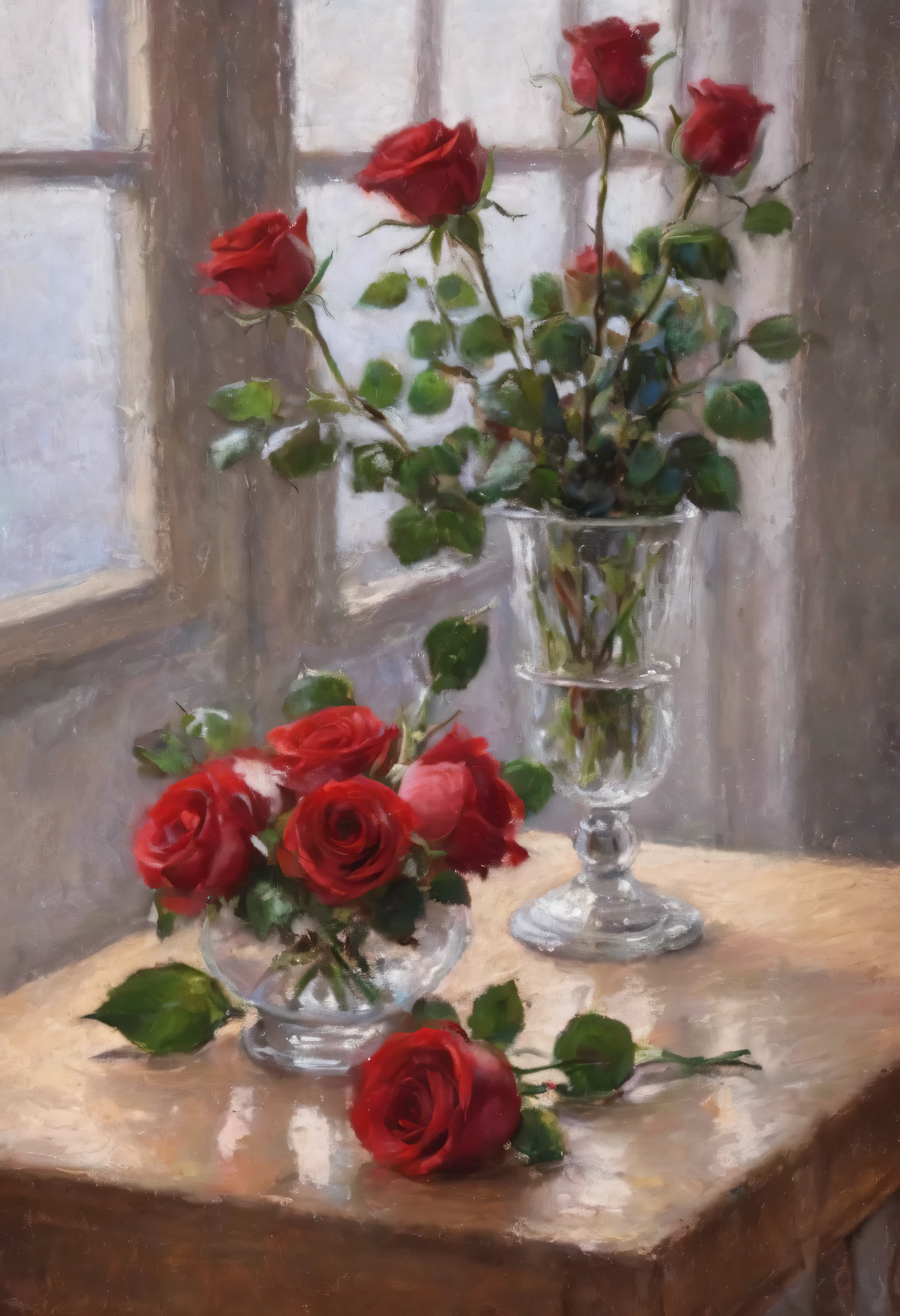 [Meilleure qualité,ultra-détaillé],(cher,Exquis:1.1),(Réaliste,photoRéaliste:1.37),de belles roses rouges détaillées, vase en cristal taillé,éclairage doux,ombres douces,couleurs vives,pétales délicats,Détails fins,reflets subtils,Contraste élevé,verre chatoyant,bords nets,Composition artistique,éclairage de studio,magnifique pièce maîtresse,Ambiance romantique