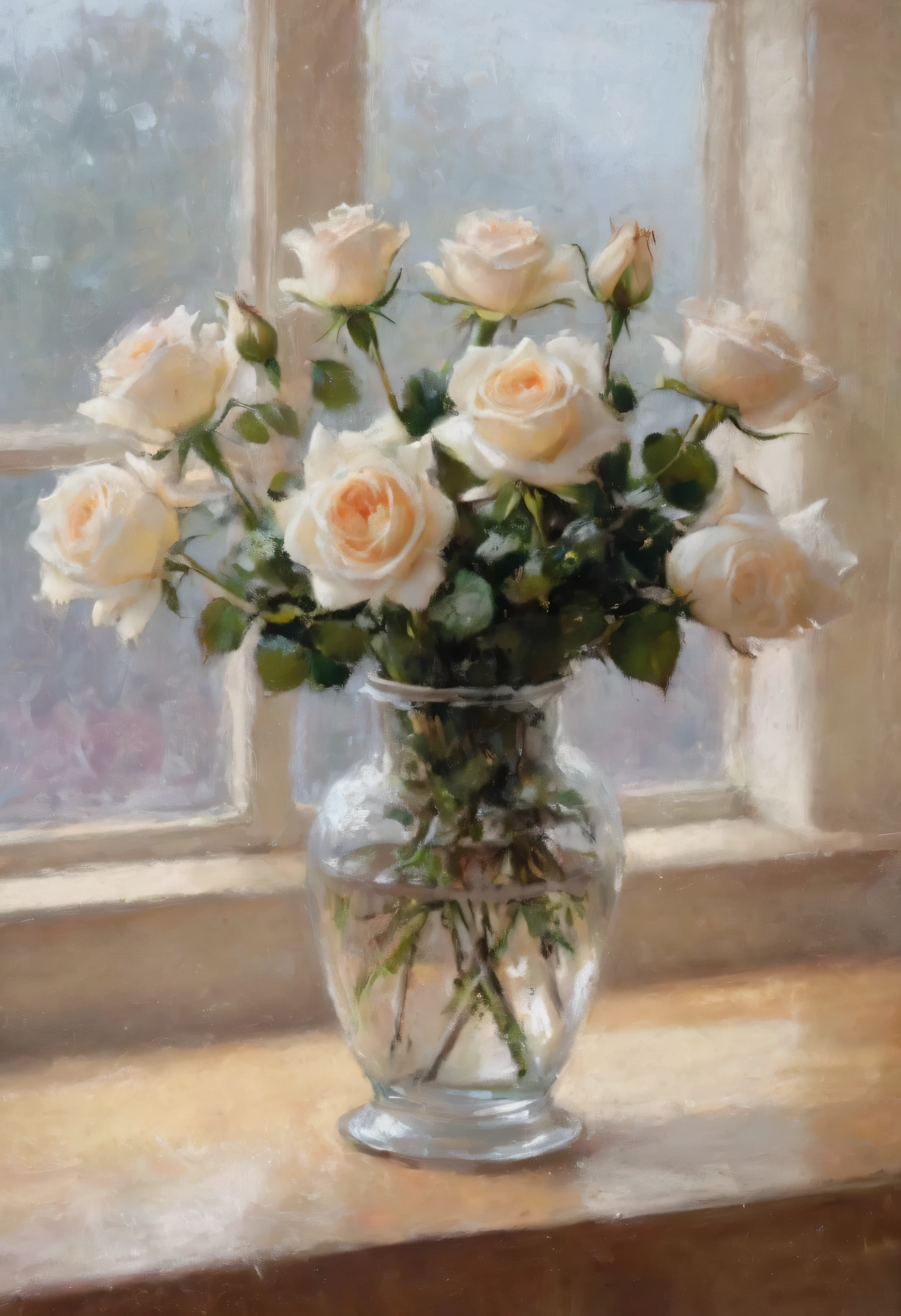[最好的品質,超詳細],(昂貴的,精美的:1.1),(實際的,photo實際的:1.37),窗邊美麗細緻的白玫瑰, 切割水晶花瓶,柔和的燈光,溫柔的陰影,鮮豔的色彩,精緻的花瓣,精緻細節,微妙的反射,高對比度,閃閃發光的玻璃,清晰的邊緣,藝術創作,演播室燈光,華麗的中心裝飾品,浪漫氣氛