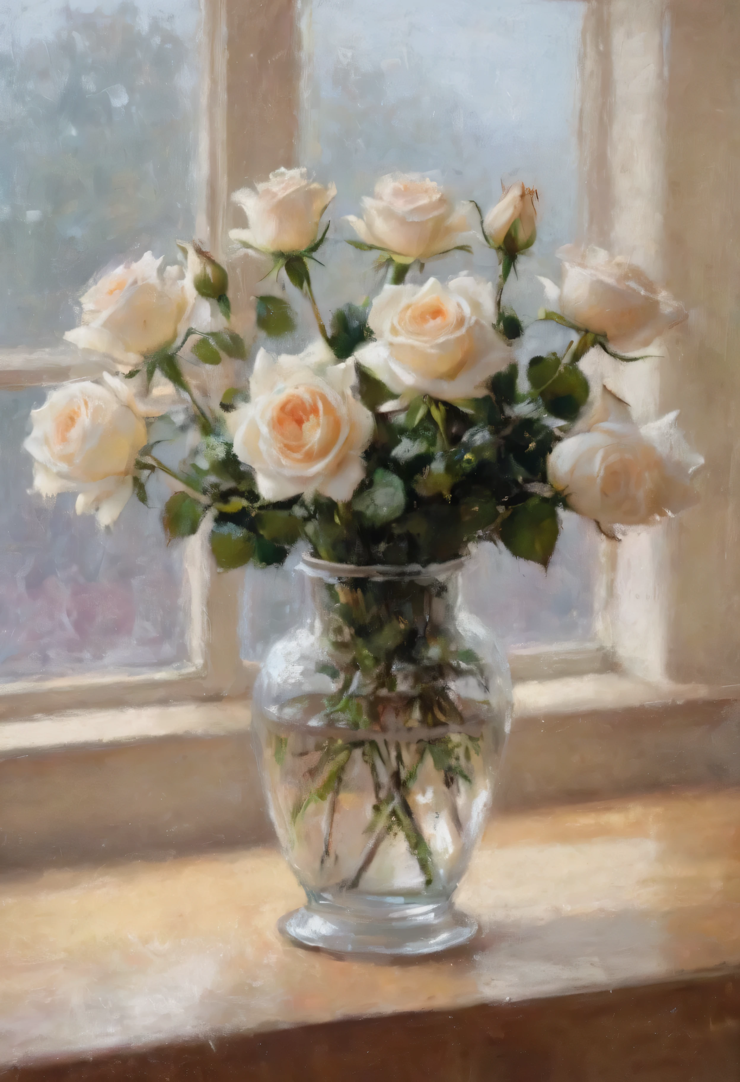 [best quality,ultra-detailed],(expensive,exquisite:1.1),(realistic,photorealistic:1.37),beautiful detailed white roses by the window, cut crystal vase,soft lighting,gentle shadows,vibrant colors,delicate petals,fine details,subtle reflections,high contrast,shimmering glass,crisp edges,artistic composition,studio lighting,gorgeous centerpiece,romantic atmosphere