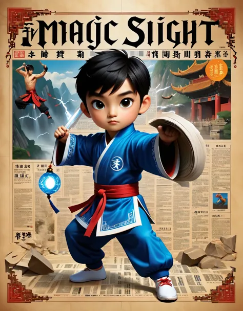 Magic magazine cover design, (a three-dimensional kung fu boy broke through the cover), 坚毅的目Light，big eyes，muscular man，the mighty magic kung fu boy is breaking out of the newspaper, ruptured large hole, the action is vivid, and realistic, the title of the...